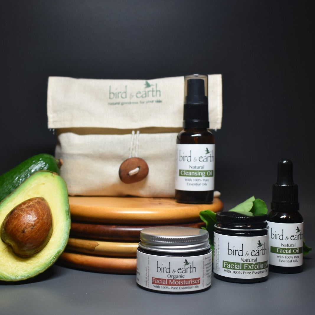 NEST PLUS - Up to 2 months of skincare products that are Natural, Handcrafted & blended with Essential Oils. Nestled within a hand sewn bag featuring an Avocado Seed button. PLUS Cleansing Oil 30ml - Bird and Earth