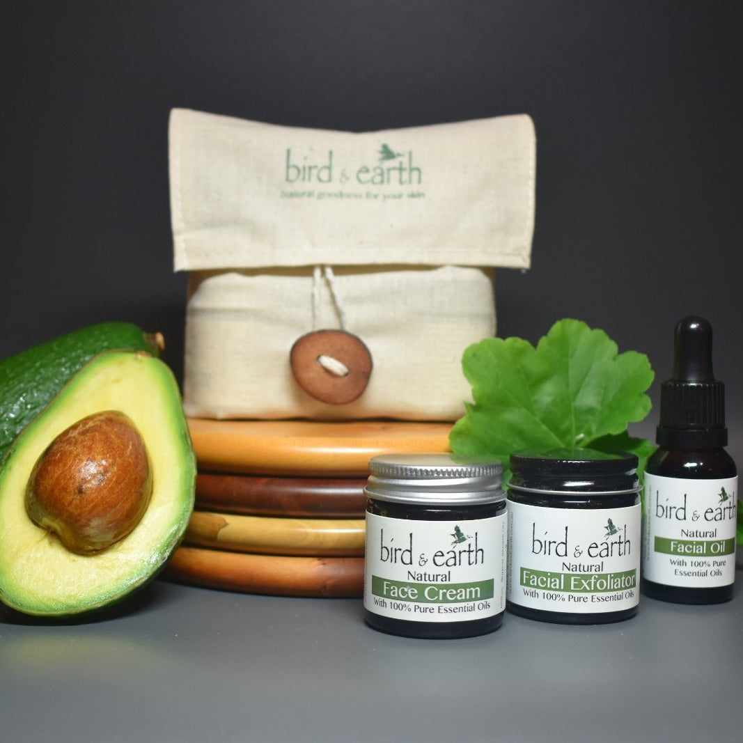 NEST - Up to 2 months of skincare products that are Natural, Handcrafted & blended with Essential Oils. Nestled within a hand sewn bag featuring an Avocado Seed button - Bird and Earth