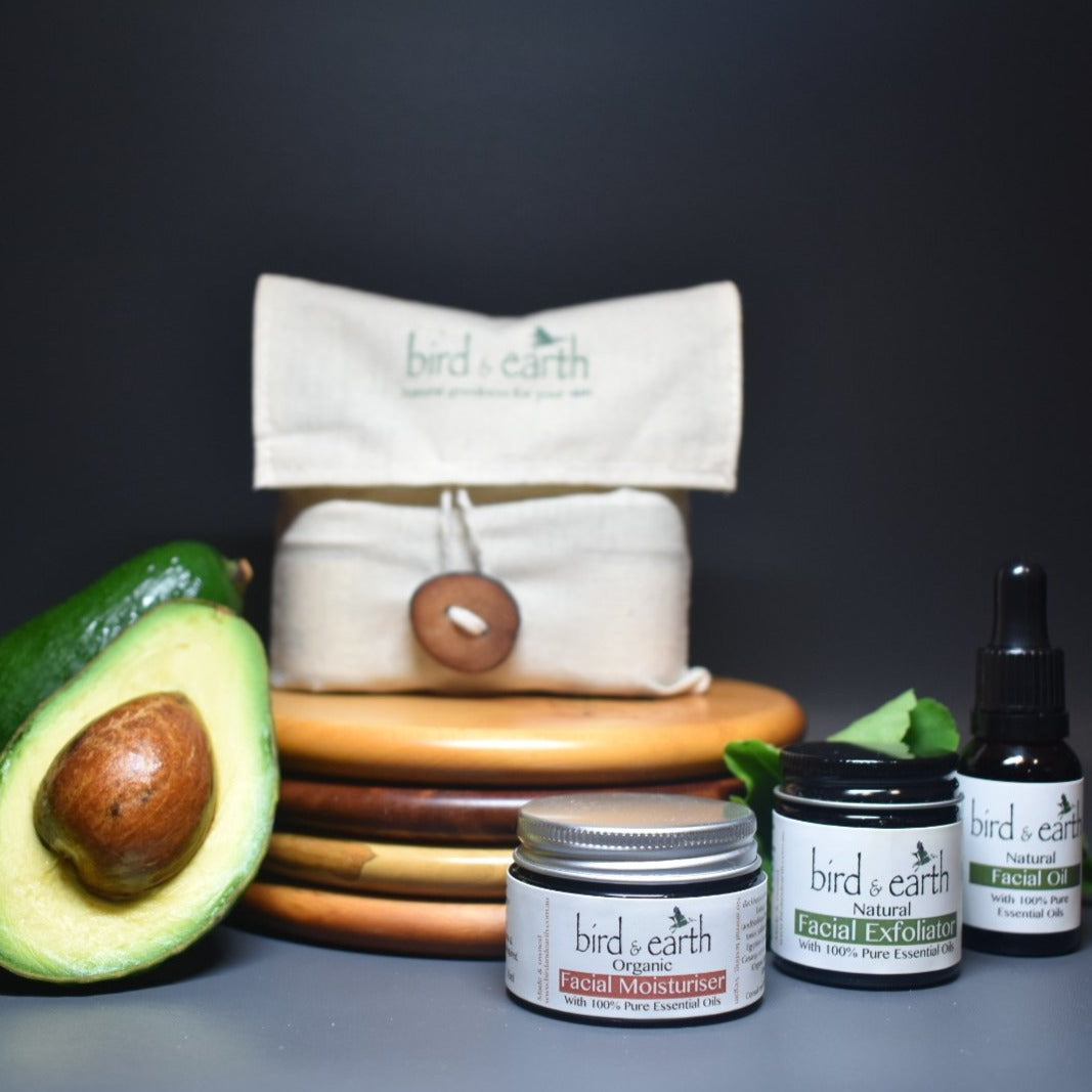 NEST - Up to 2 months of skincare products that are Natural, Handcrafted & blended with Essential Oils. Nestled within a hand sewn bag featuring an Avocado Seed button - Bird and Earth