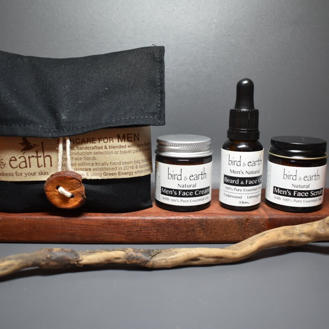 Skincare for MEN - An introduction selection or travel pack containing all that a guy needs for great looking skin - Bird and Earth