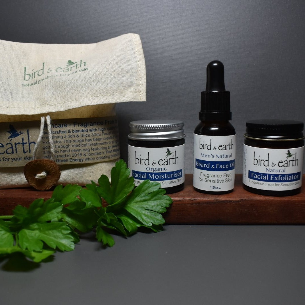 Skincare for MEN - An introduction selection or travel pack containing all that a guy needs for great looking skin - Bird and Earth